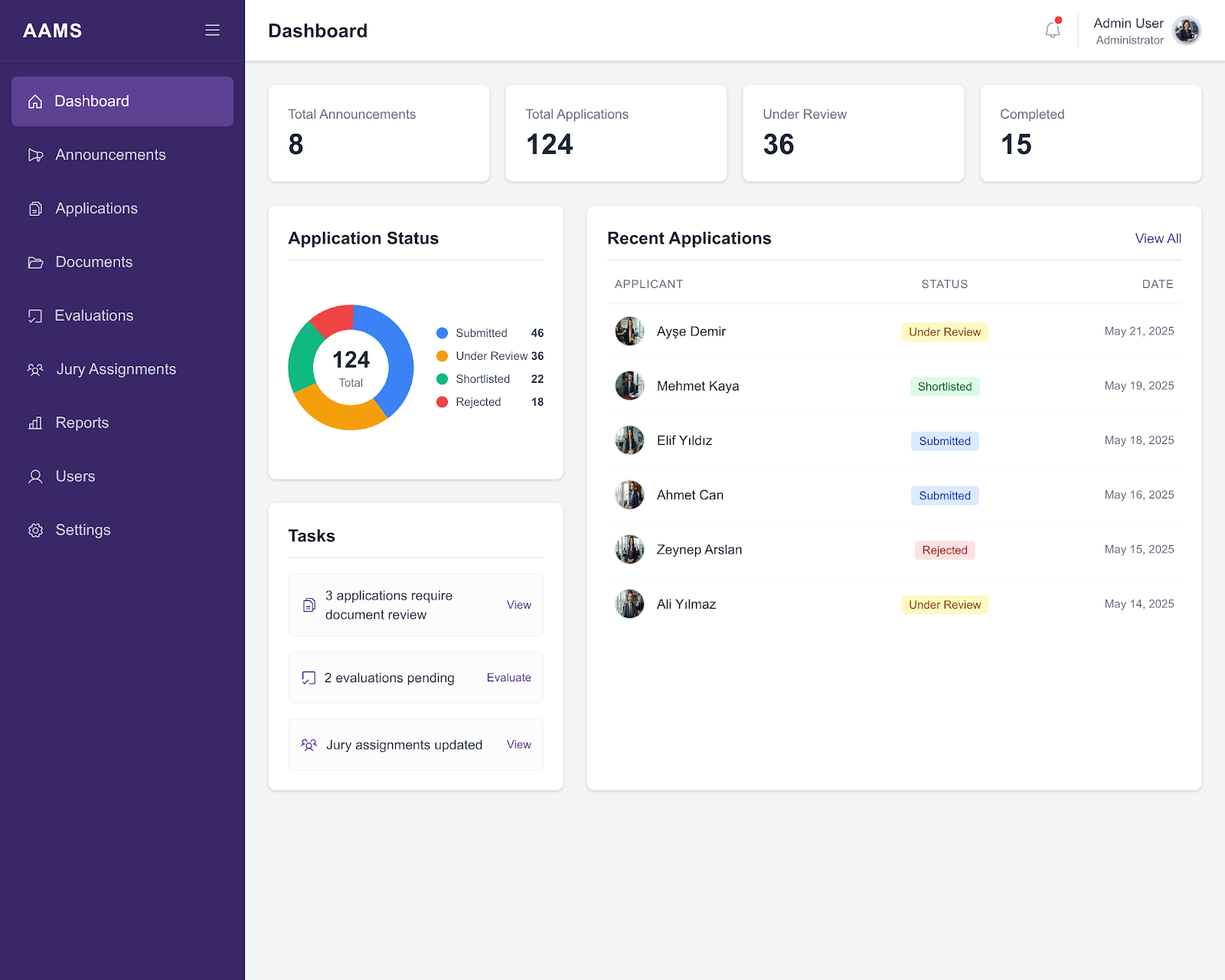 Academic Application Management System main interface