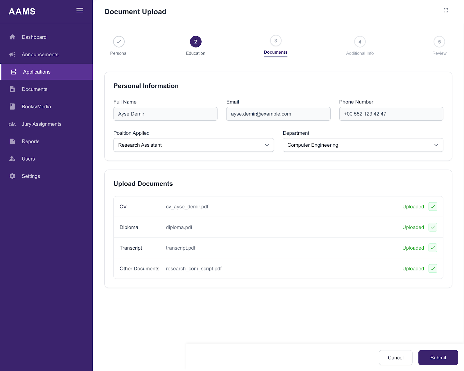 Academic Application Management System project screen 1